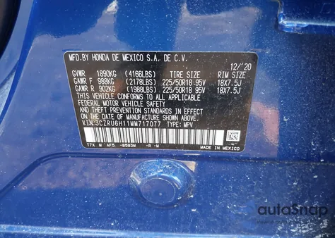 2021 Honda Hr-V Awd Sport from USA, damaged, VIN 3CZRU6H11MM717077